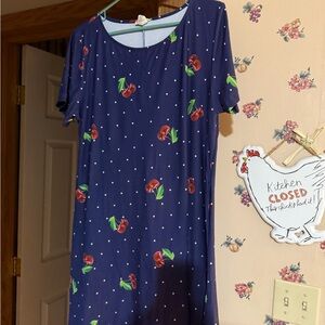 Source Unknown Blue Cherry Print Midi Dress
